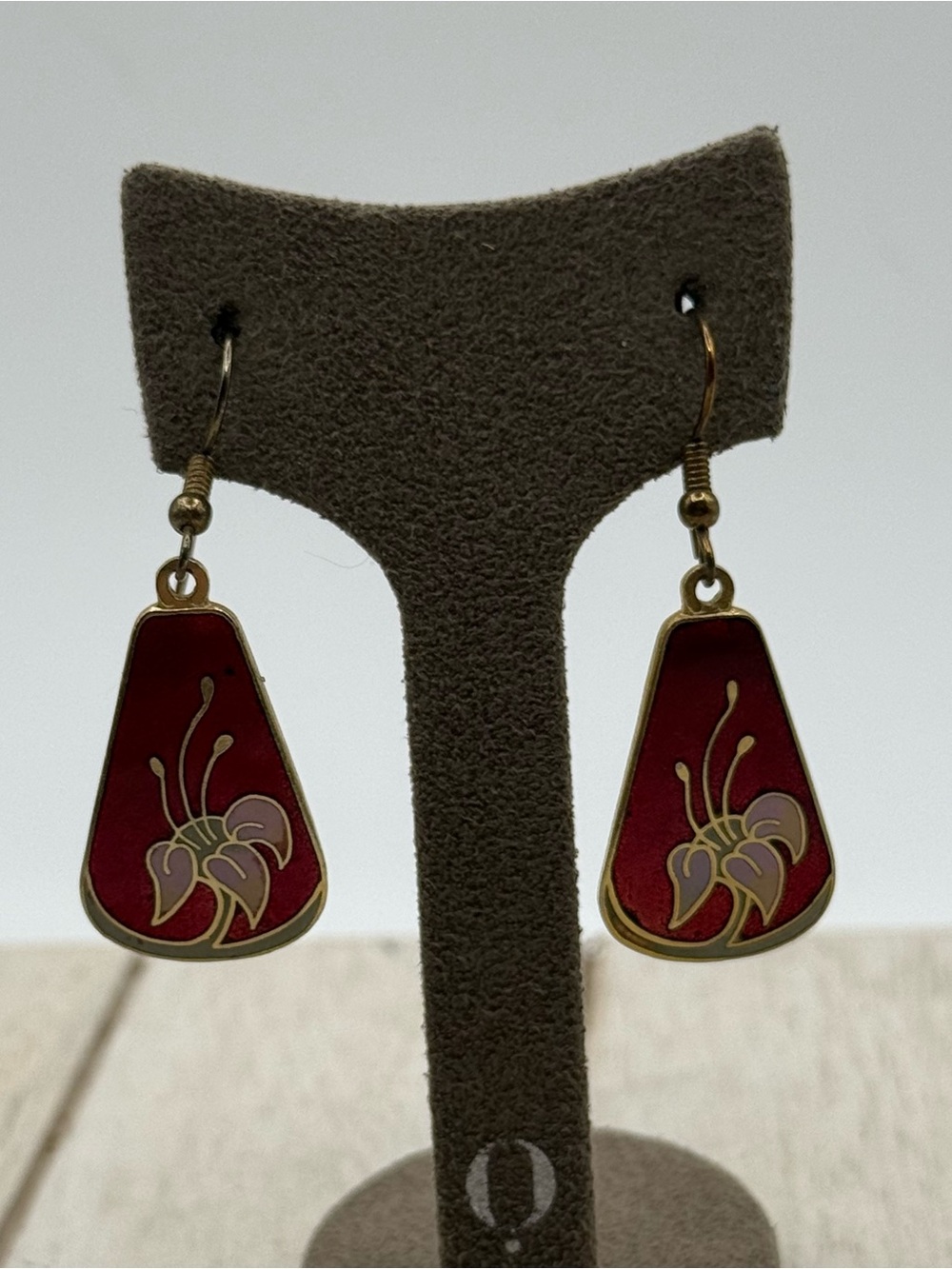 Gold-Tone Red cloisonné Floral Drop Earrings